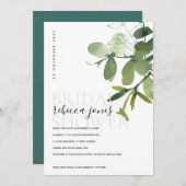 緑色ユーカリ茎葉水彩ブライダルシャワー 案内状 (正面/裏面)