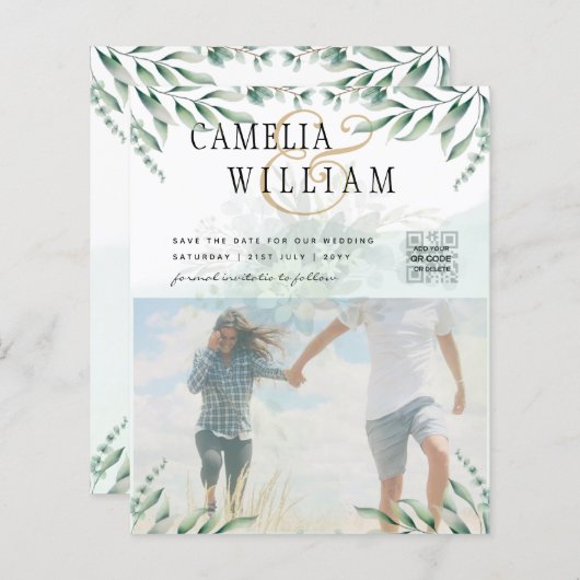 緑色写真結婚式招待状ユーカリ (正面/裏面)