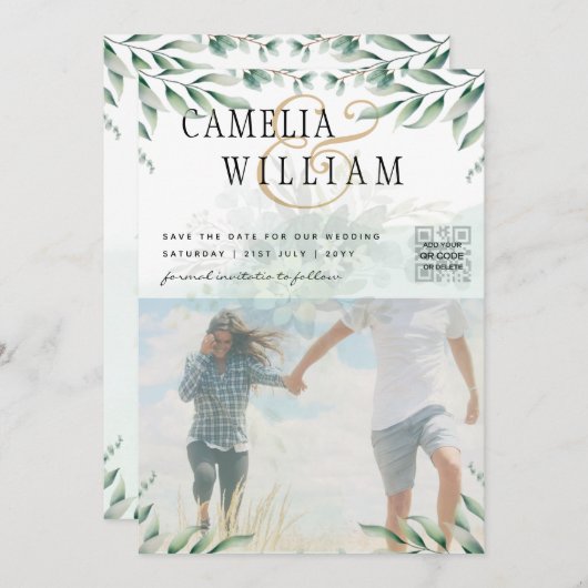 緑色写真結婚式招待状ユーカリ 招待状 (正面/裏面)