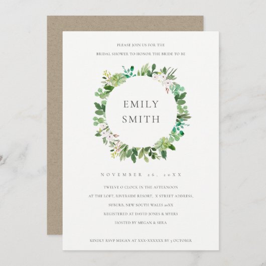 緑色多肉性リース動物相ブライダルシャワー招待状 サンキューカード (正面/裏面)