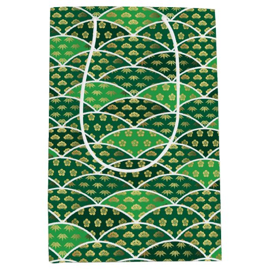 緑色日本のの伝統的な吉祥模様 ミディアムペーパーバッグ (正面)