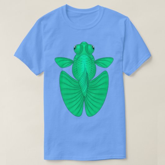 緑色望遠鏡の蝶の金魚 Tシャツ (デザイン正面)