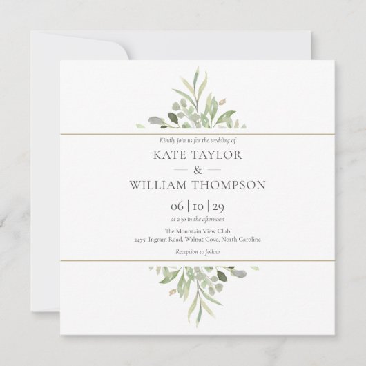 緑色植物水彩写真結婚のインビタ 招待状 (正面)