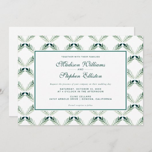 緑色植物水彩模様 – 結婚s 招待状 (正面/裏面)