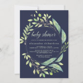 緑色水彩赤ちゃんシャワーダークブルー 招待状 (正面)