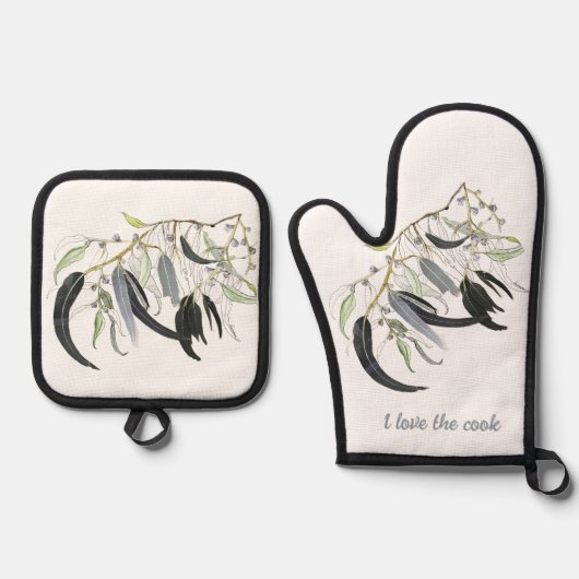 緑色淡い色ののゴムの葉の色 鍋つかみ&鍋敷きセット (正面)