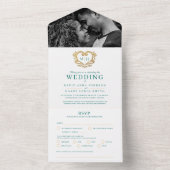 緑色結婚の白色の装飾金ゴールドハートモノグラム オールインワン招待状 (内側)