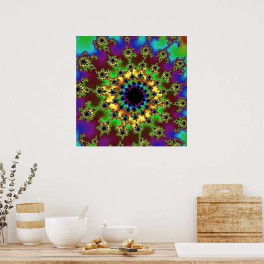 緑色、カラフルブルゴーニュおよび黄色のフラクタル ポスター (キッチン)