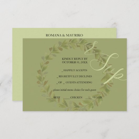 緑芸術的水色リースハンド色彩の鮮やか 出欠カード (正面/裏面)