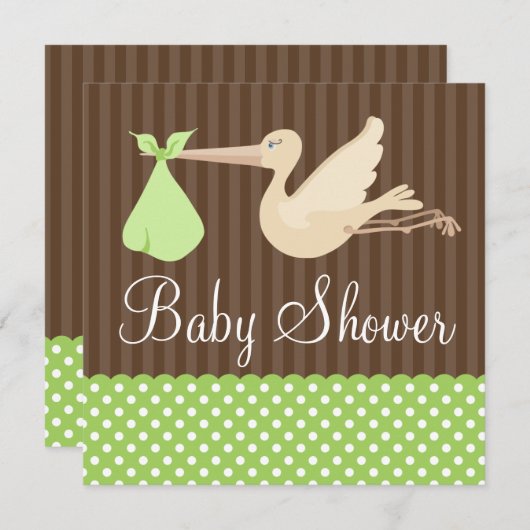 緑茶のコウノトリの点のベビー男女兼用シャワー 招待状 (正面/裏面)
