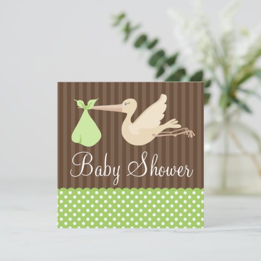 緑茶のコウノトリの点のベビー男女兼用シャワー 招待状 (スタンド正面)