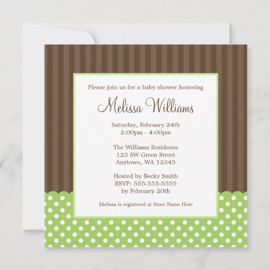緑茶のコウノトリの点のベビー男女兼用シャワー 招待状 (裏面)