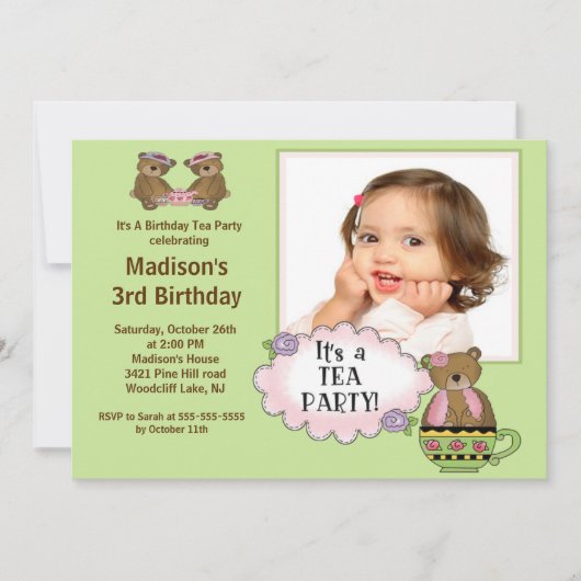 緑茶パーティーの誕生日パーティーの招待 招待状 (正面)