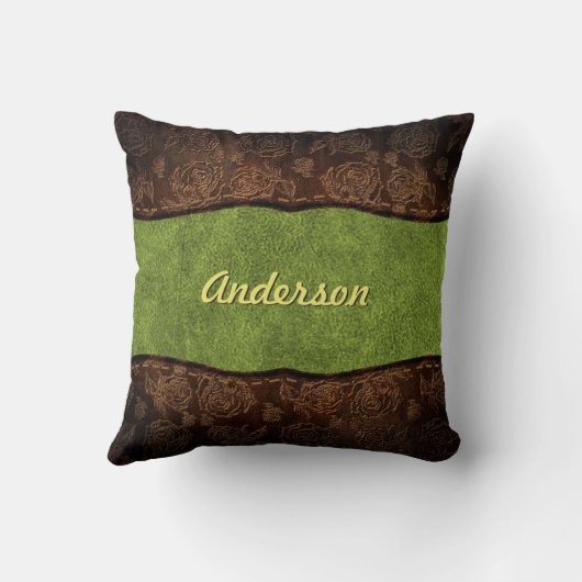 緑茶色と茶色のエンボス加工ローズカスタムフェイクレザー クッション (裏面)