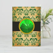 緑茶色のダマスク模様のパーチメントにシャムロック ブラック 招待状 (スタンド正面)