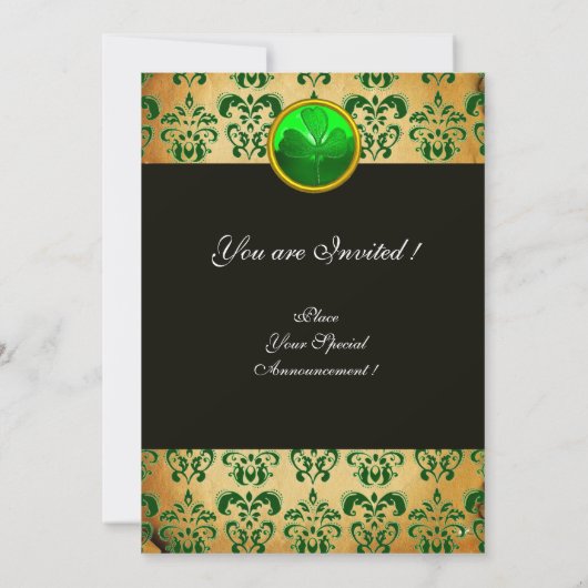 緑茶色のダマスク模様のパーチメントにシャムロック ブラック 招待状 (裏面)