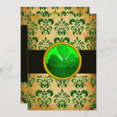 緑茶色のダマスク模様のパーチメントにシャムロック ブラック 招待状 (正面/裏面)