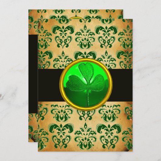 緑茶色のダマスク模様のパーチメントにシャムロック ブラック 招待状 (正面/裏面)
