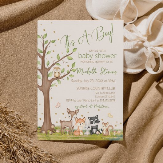 緑茶色の少年と水彩の森の動物たち 招待状