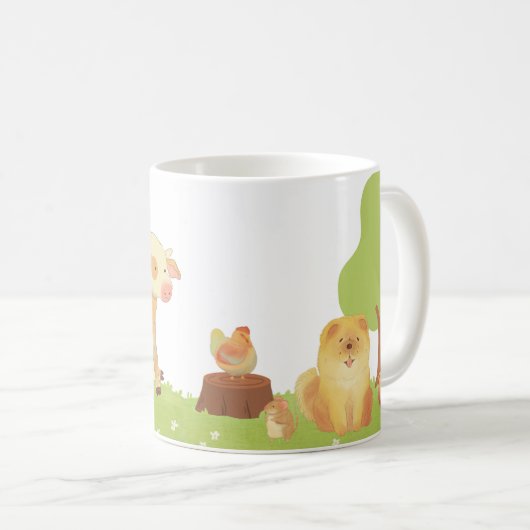 緑草の上の水彩林と家畜 コーヒーマグカップ (正面右)