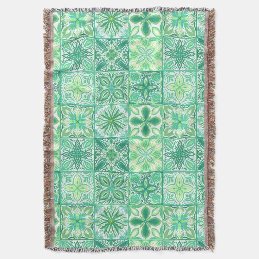 緑華美と白のタイル スローブランケット (正面縦)