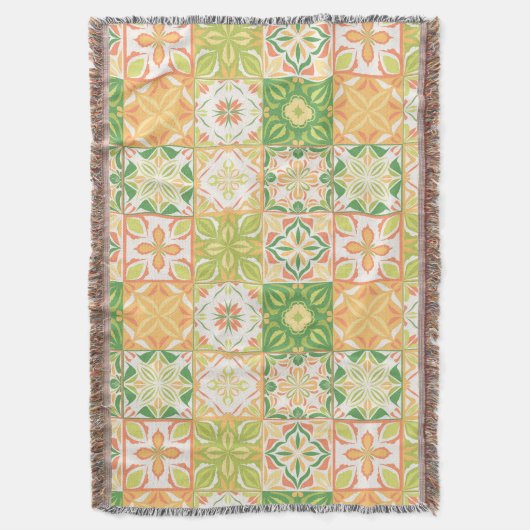 緑華美と黄色のタイル スローブランケット (正面縦)