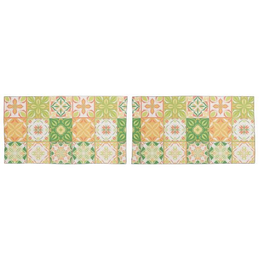 緑華美と黄色のタイル 枕カバー (正面-セット)