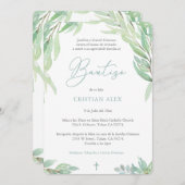 緑葉のスペインのBautizo、Greenery Boy Baptism 招待状 (正面/裏面)