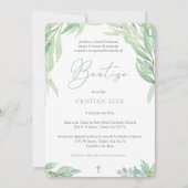緑葉のスペインのBautizo、Greenery Boy Baptism 招待状 (正面)