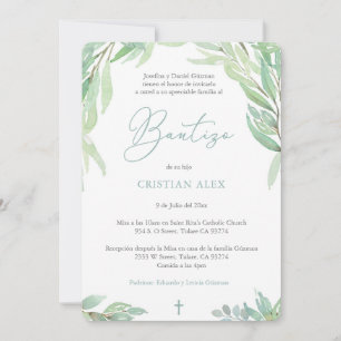 緑葉のスペインのBautizo、Greenery Boy Baptism 招待状