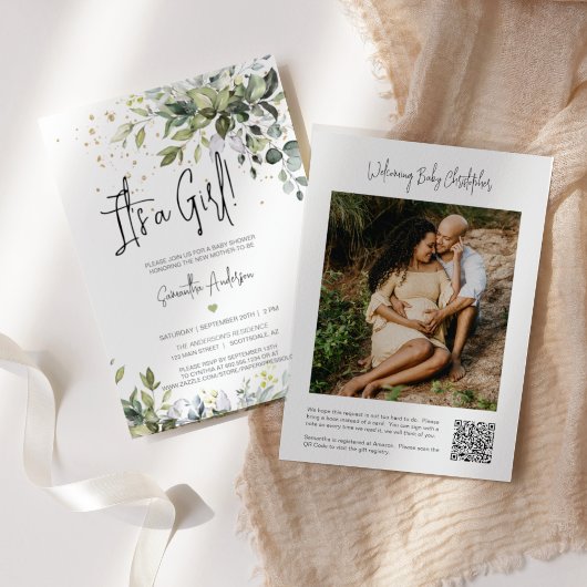 緑葉の女の子の赤ちゃんシャワーQRコード写真 招待状