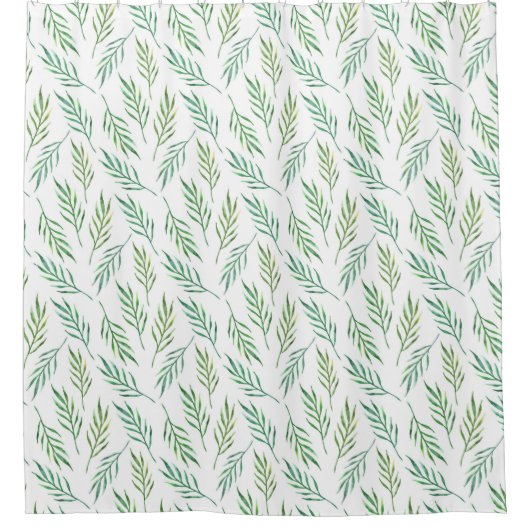 緑葉の模様。水彩熱帯性ヤシ シャワーカーテン (正面)