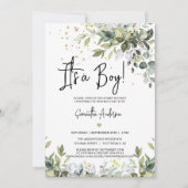 緑葉の男の子のシャワーQRコード写真 招待状 (正面)