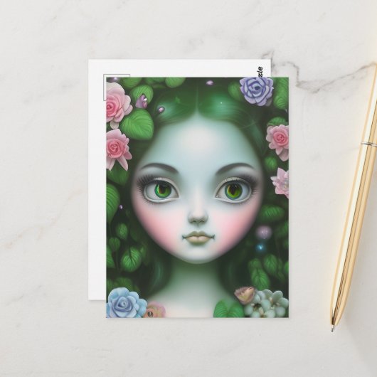 緑葉の花の森の女の子 ポストカード (正面/裏面インサイチュ)