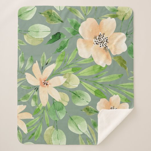 緑葉の花、ピンクの花：水色。 シェルパブランケット (正面)