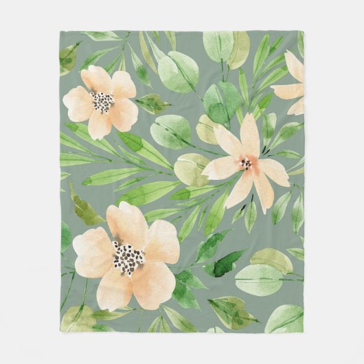 緑葉の花、ピンクの花:水色。 フリースブランケット (正面)