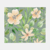 緑葉の花、ピンクの花:水色。 フリースブランケット (正面(横))