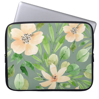 緑葉の花、ピンクの花：水色。 ラップトップスリーブ