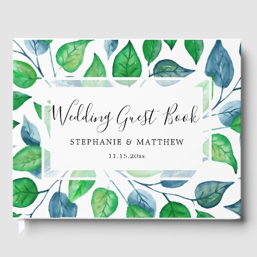 緑葉の葉の水色色彩の鮮やか結婚の ゲストブック (正面)