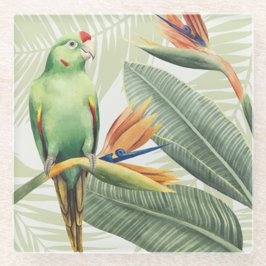 緑葉の鳥のヤシ ガラスコースター (正面)
