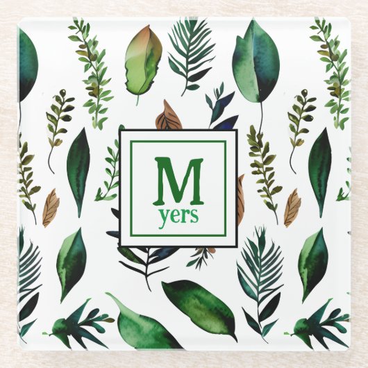 緑葉植物性自然 パーソナライズされた ガラスコースター (正面)