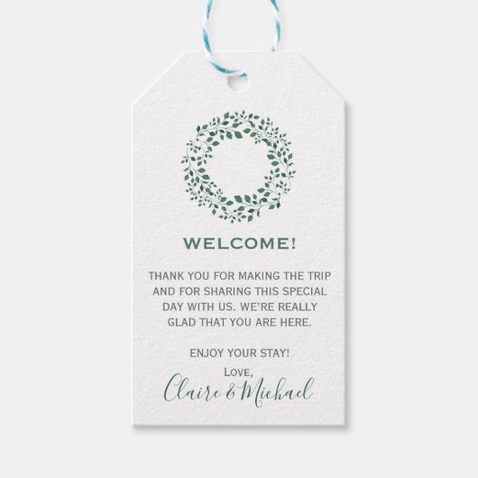 緑葉水色リース |ようこそ結婚の ギフトタグ (正面)