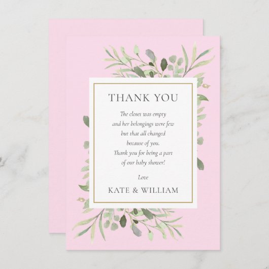 緑葉色ピンク赤ちゃんガールシャワー詩 サンキューカード (正面/裏面)