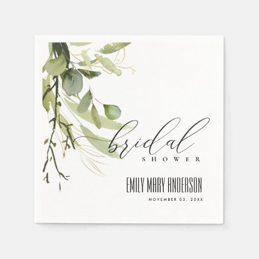 緑葉金ゴールド茎葉水彩ブライダルシャワー スタンダードカクテルナプキン (正面)