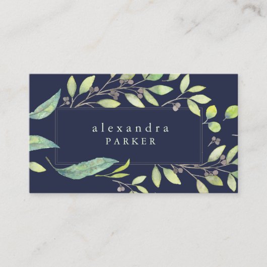 緑葉 |トレンディーの水彩ミッドナイトブルー 名刺 (正面)