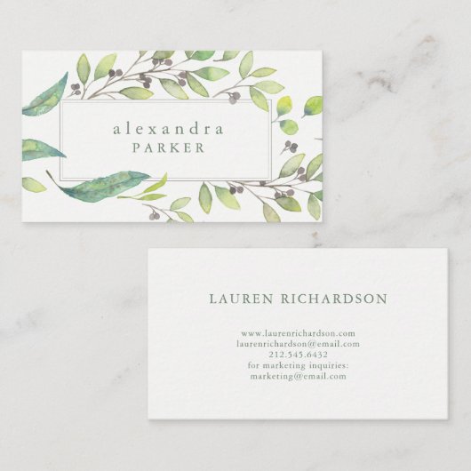 緑葉 |トレンディー水彩フレーム 名刺 (正面/裏面)