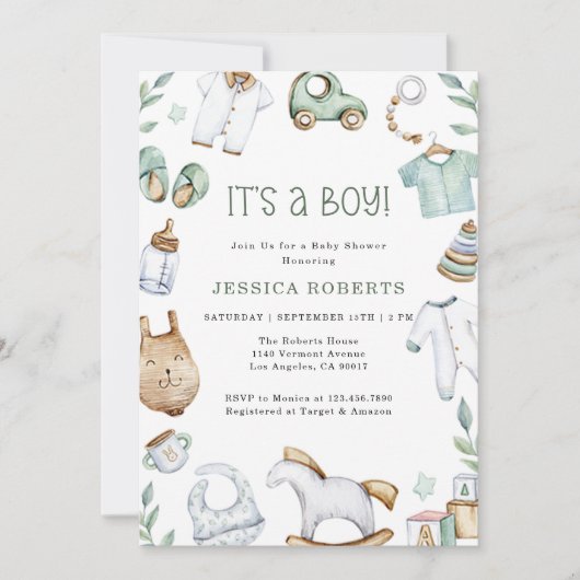 緑衣玩具男の赤ちゃんシャワー招待状 招待状 (正面)