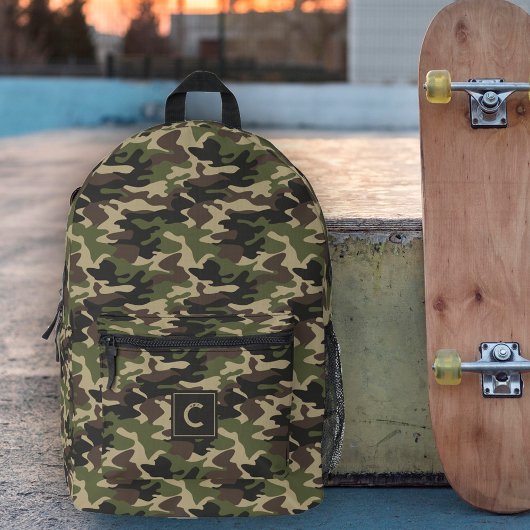 緑褐色カモフラージパターンモノグラム プリントバックパック