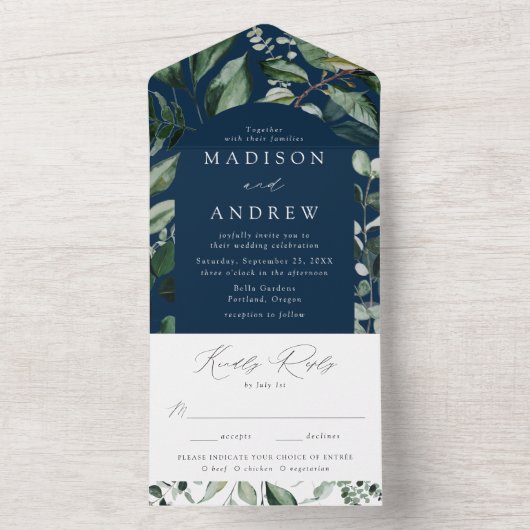 緑豊かなアーチネイビー結婚ズ オールインワン招待状 (内側)