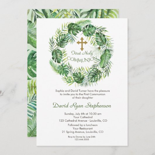 緑豊かなエキゾチックな緑の金ゴールドクロス聖域 招待状 (正面/裏面)